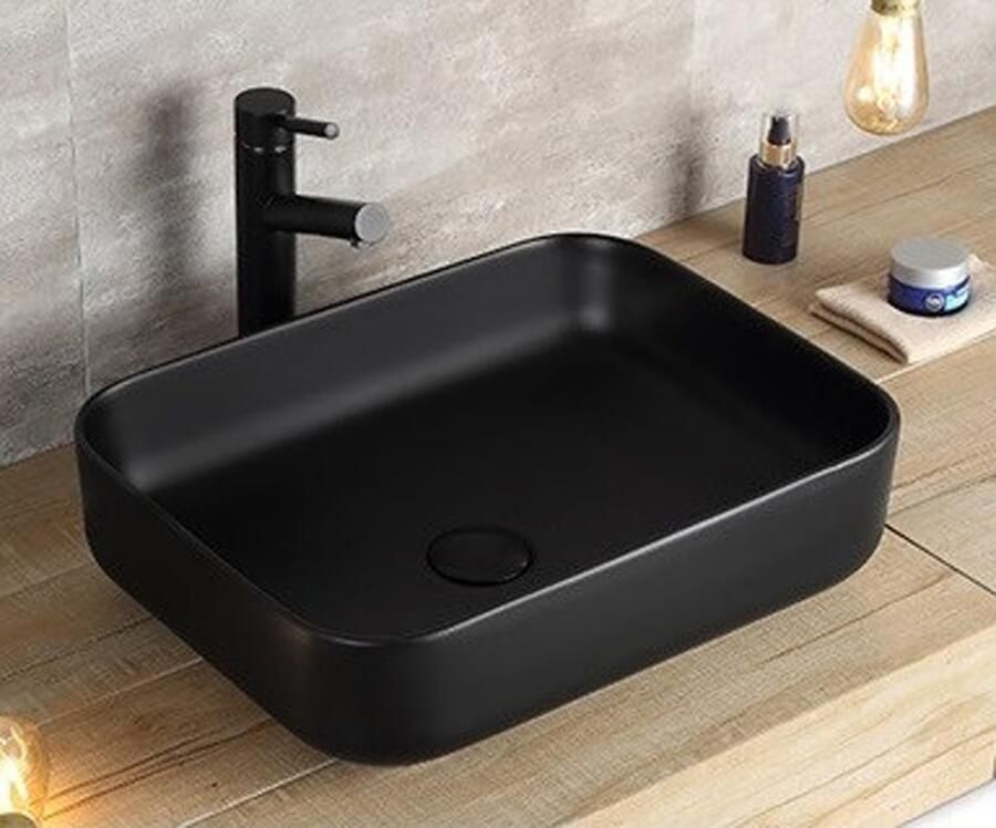 SaniClear Waskom Blitz | 50x14x40 cm | Keramiek | Vrijstaand | Rechthoekig | Mat zwart