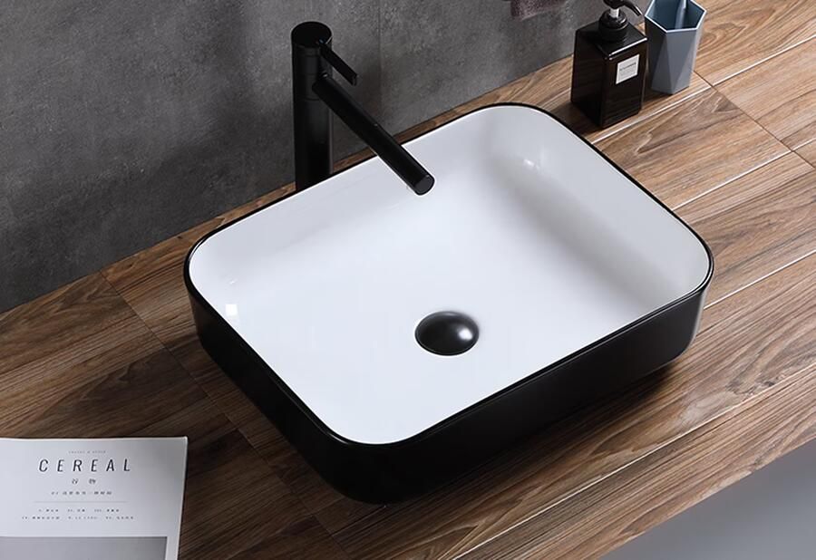 SaniClear Waskom Blitz | 50x14x40 cm | Keramiek | Vrijstaand | Rechthoekig | Wit Mat zwart