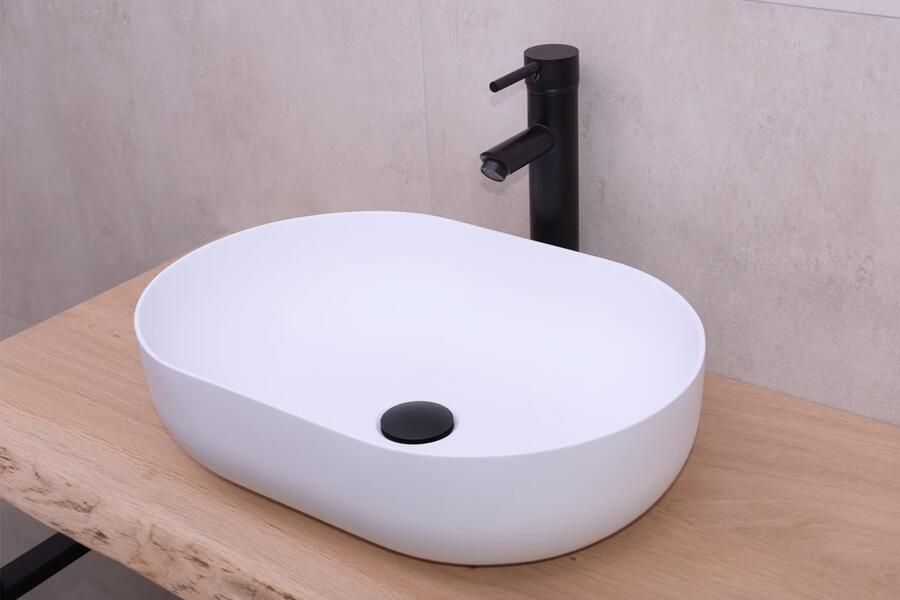 SaniClear Waskom Fabiana | 50x14x35 cm | Solid Surface | Vrijstaand | Ovaal | Wit mat - Foto 3