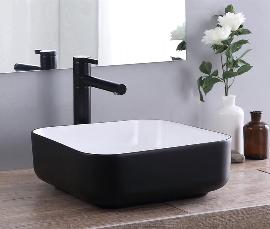 SaniClear Waskom Premium | 40x14x40 cm | Keramiek | Vrijstaand | Vierkant | Wit Mat zwart