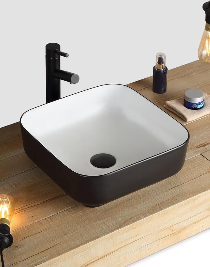 SaniClear Waskom Premium | 40x14x40 cm | Keramiek | Vrijstaand | Vierkant | Wit Mat zwart - Foto 2