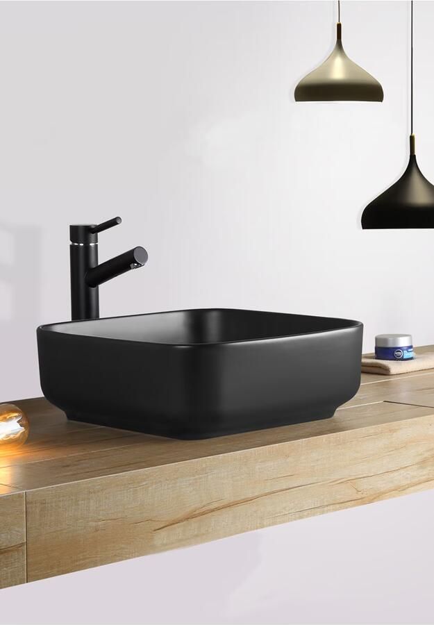 SaniClear Waskom Premium | 40x14x40 cm | Keramiek | Vrijstaand | Vierkant | Wit Mat zwart - Foto 3