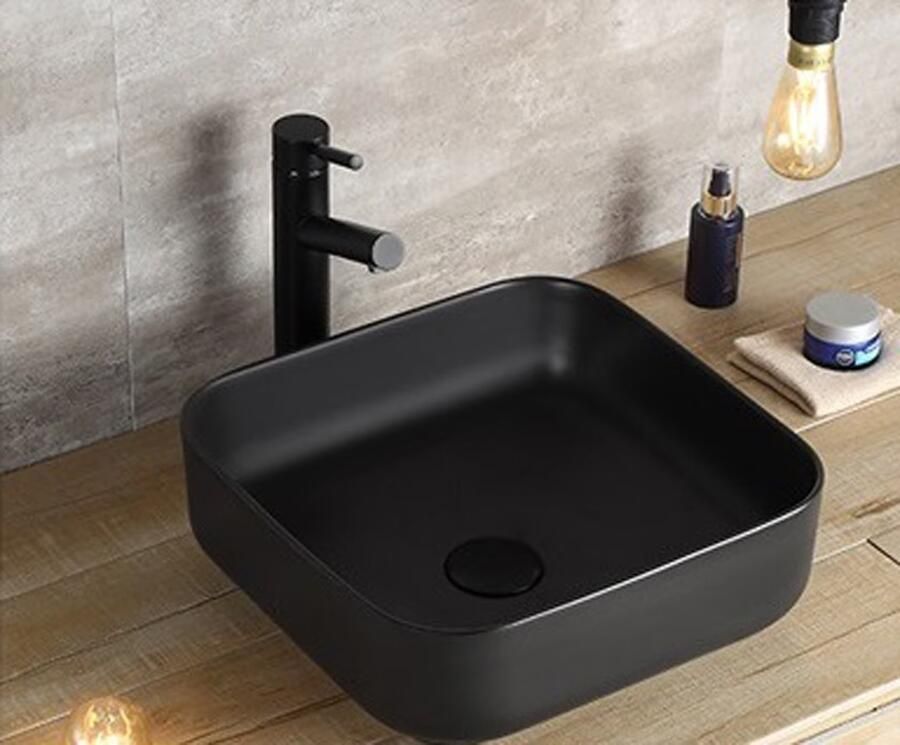 SaniClear Waskom Premium | 40x14x40 cm | Keramiek | Vrijstaand | Vierkant | Wit Mat zwart