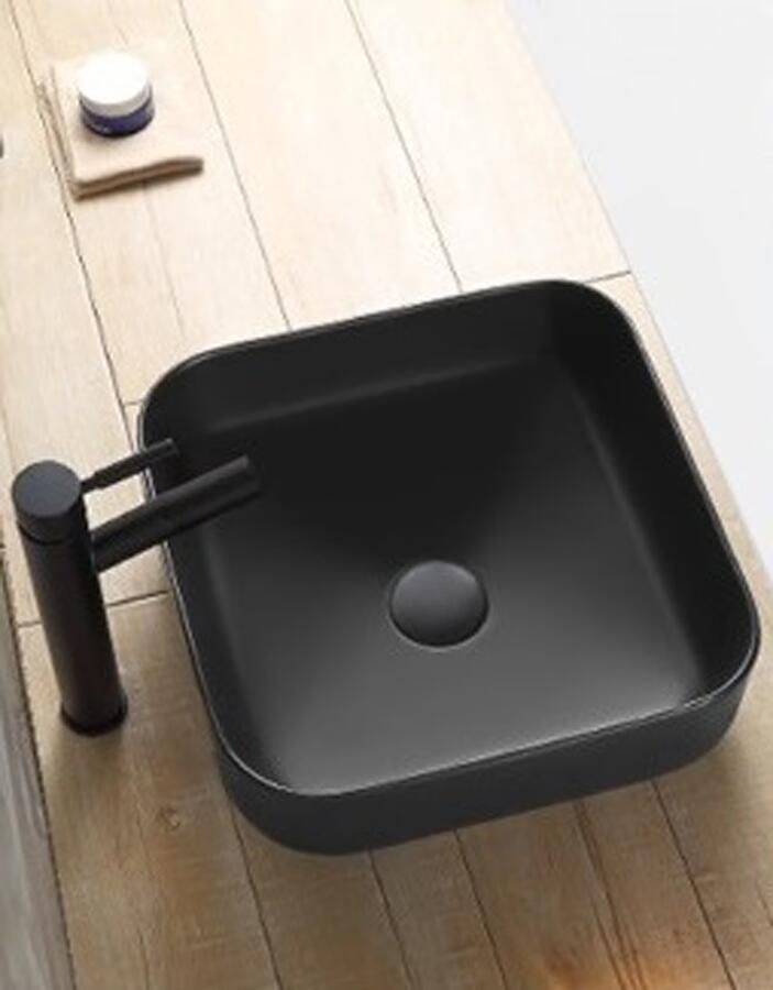 SaniClear Waskom Premium | 40x14x40 cm | Keramiek | Vrijstaand | Vierkant | Wit Mat zwart - Foto 2