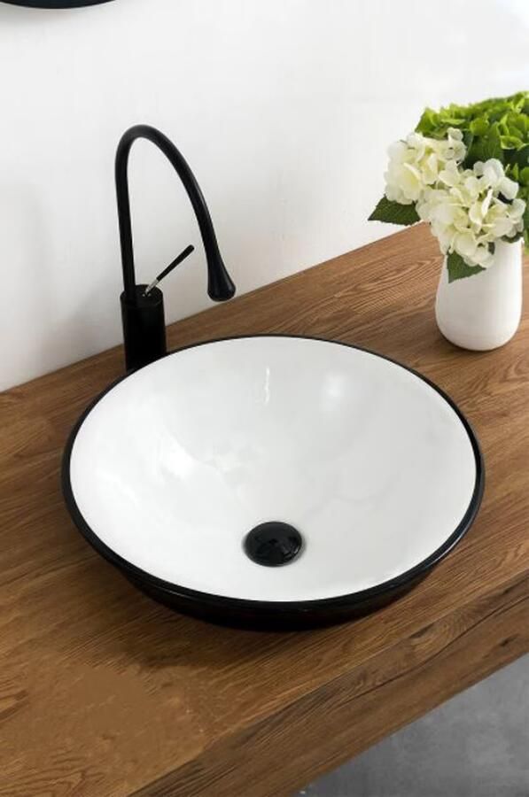 SaniClear Waskom Raja | 40 cm | Keramiek | Vrijstaand | Rond | Wit Mat zwart - Foto 3