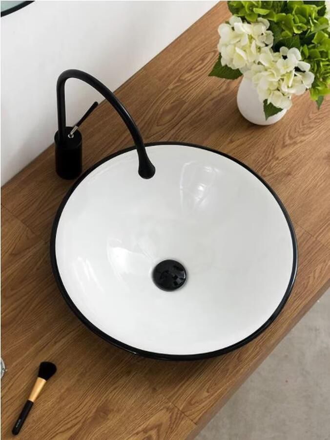 SaniClear Waskom Raja | 40 cm | Keramiek | Vrijstaand | Rond | Wit Mat zwart