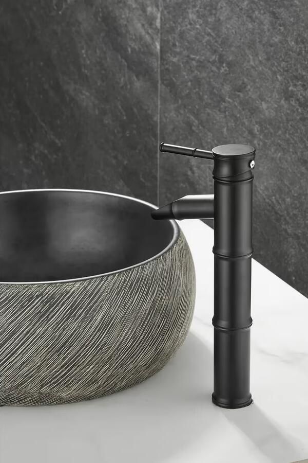 SaniClear Wastafelkraan Bamboo | Opbouw | Koudwater kraan | Hoog model | Waterval uitloop | Zwart - Foto 3