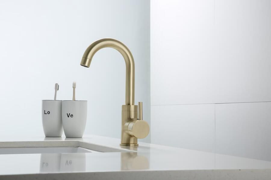 SaniClear Wastafelkraan Brass | Opbouw | Draaibare uitloop | Mengkraan | Standaard model | 1-hendel | Rond | Geborsteld messing - Foto 3