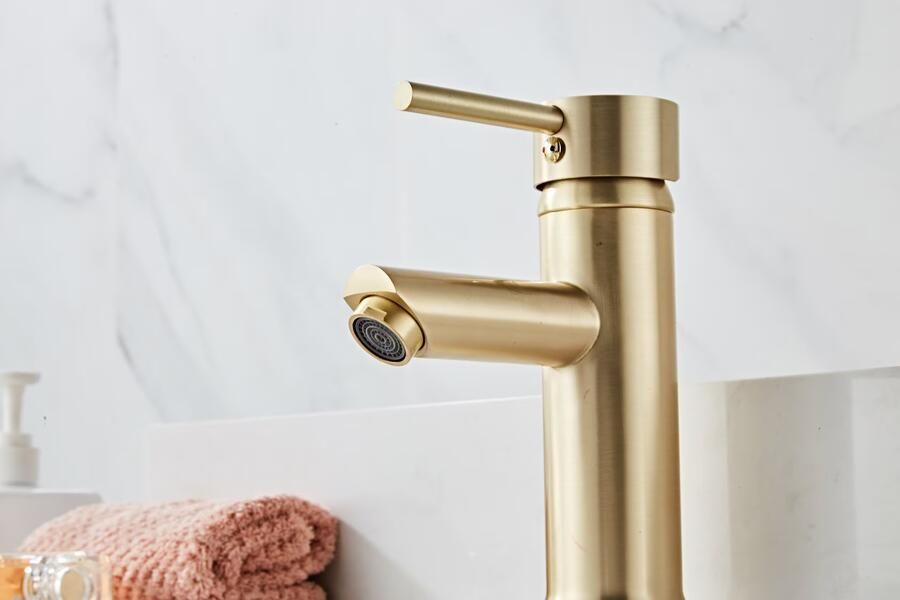 SaniClear Wastafelkraan Brass | Opbouw | Mengkraan | Laag model | 1-hendel | Rond | Geborsteld messing