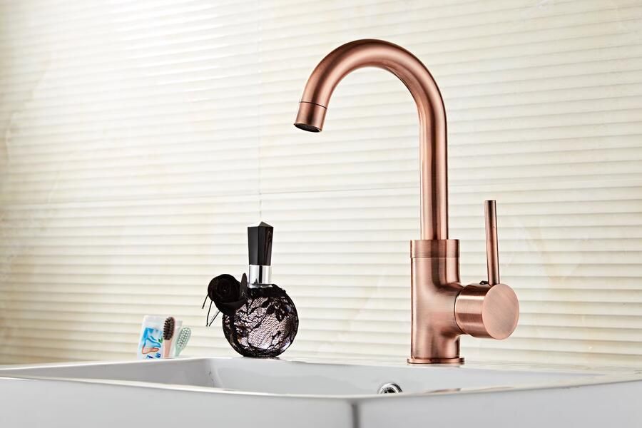 SaniClear Wastafelkraan Copper | Opbouw | Draaibare uitloop | Mengkraan | Hoog model | 1-hendel | Rond | Geborsteld koper