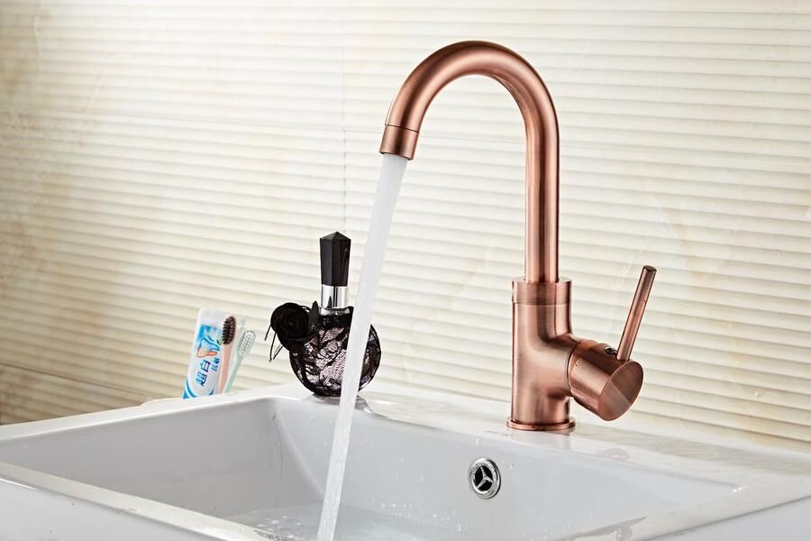 SaniClear Wastafelkraan Copper | Opbouw | Draaibare uitloop | Mengkraan | Hoog model | 1-hendel | Rond | Geborsteld koper - Foto 2
