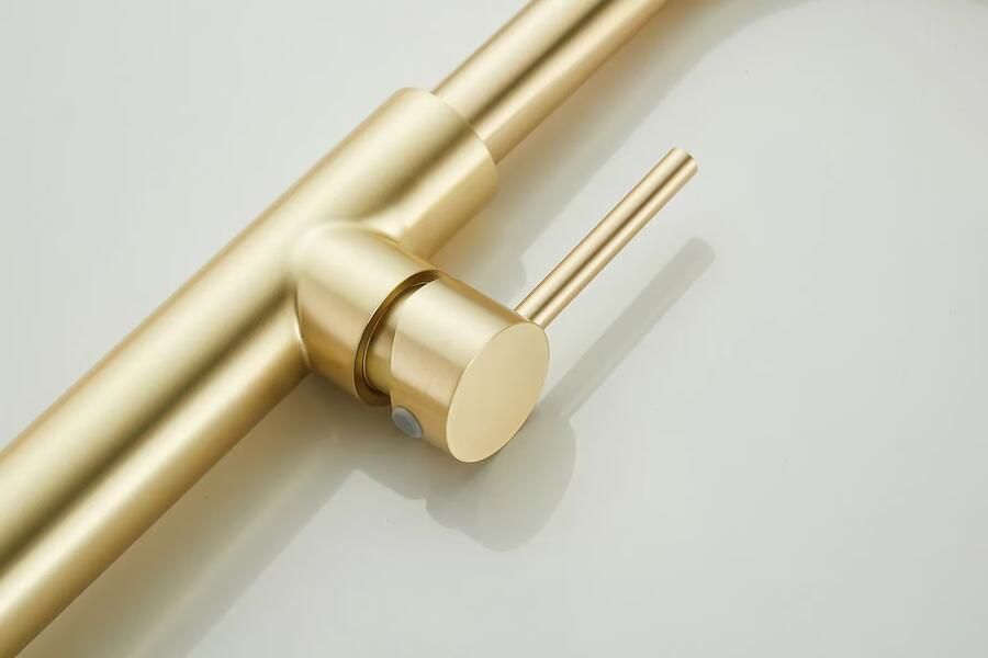 SaniClear Wastafelkraan Highriser | Mengkraan | Hoog model | Draaibare uitloop | Geborsteld messing mat goud - Foto 2