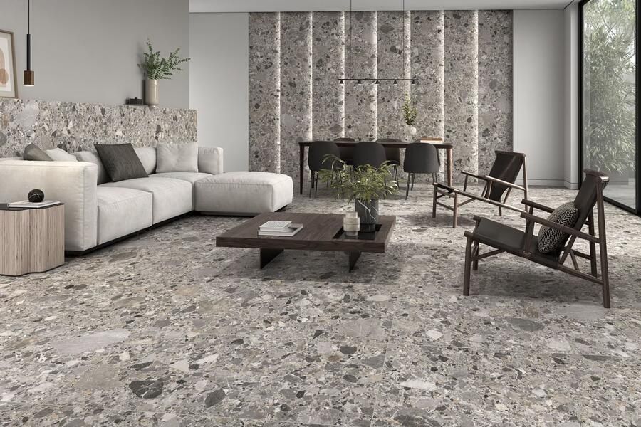 STN Cerámica Inlay Vloer- en wandtegel | 60x120 cm | Gerectificeerd | Terrazzo | Mat Grijs - Foto 2