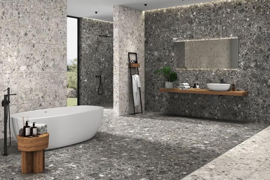 STN Cerámica Inlay Vloer- en wandtegel | 60x120 cm | Gerectificeerd | Terrazzo | Mat Lichtgrijs