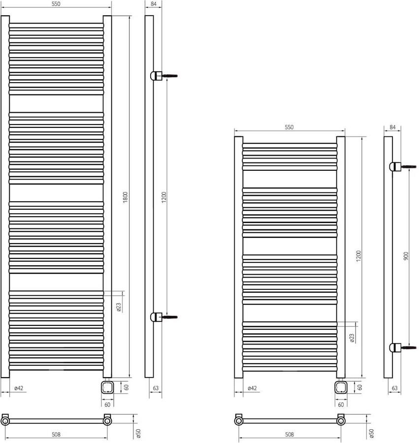 Thermrad Handdoekradiator Tone-e | 180x55 cm | Elektrisch | 900 Watt | Mat zwart