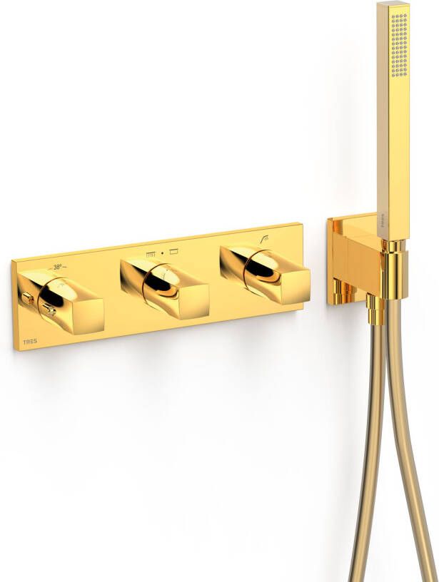 Tres Douchekraan B-System | Inbouw | Thermostaatkraan | Excl.Inbouwdeel | 3-weg | Rechthoek | 24k Goud glans - Foto 2
