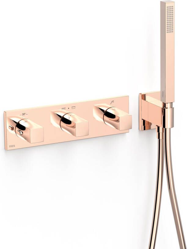 Tres Douchekraan B-System | Inbouw | Thermostaatkraan | Excl.Inbouwdeel | 3-weg | Rechthoek | 24k Rose goud
