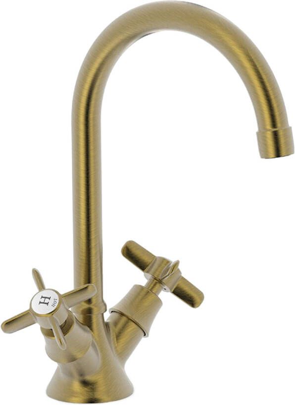 Tres Wastafelkraan Clasic | Opbouw | Draaibare uitloop | Mengkraan | Hoog model | 2-knops | Vintage | Messing mat