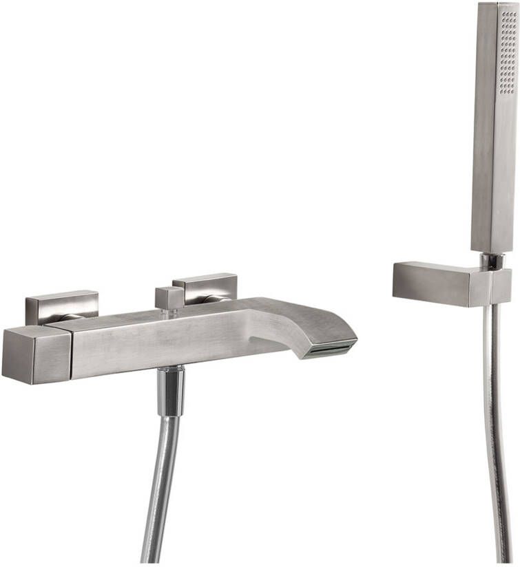 Tres Badkraan Cuadro | Opbouw | Mengkraan | Waterval uitloop | Incl.Handdoucheset | 2-weg | hoh 15 cm | 1-knop | Vierkant | RVS look - Foto 2