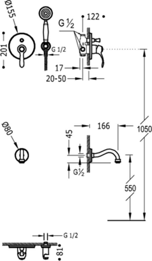 Tres Badkraan Clasic | Inbouw | Mengkraan | Incl.Inbouwdeel | 2-weg | Vintage | Messing mat