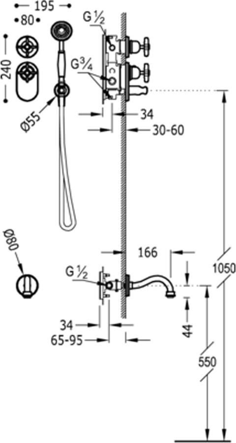 Tres Badkraan Clasic | Inbouw | Thermostaatkraan | Incl.Inbouwdeel | 2-weg | Vintage | Messing mat