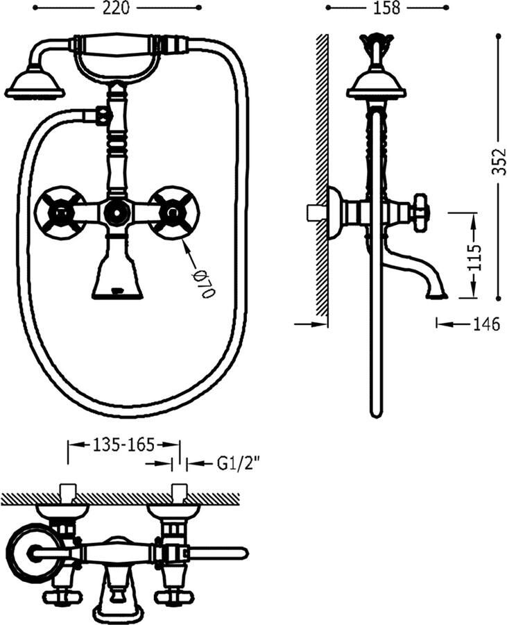 Tres Badkraan Clasic | Opbouw | Mengkraan | 2-weg | hoh 15 cm | 2-knops | Vintage | Messing mat