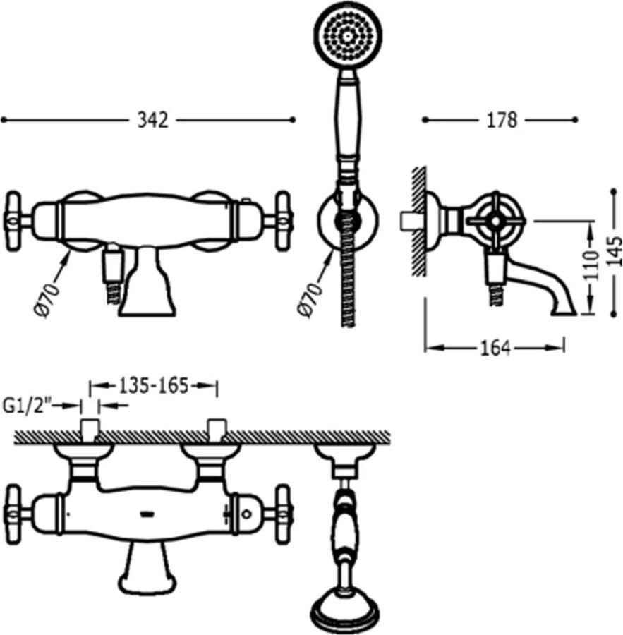Tres Badkraan Clasic | Opbouw | Thermostaatkraan | Incl.Handdoucheset | 2-weg | hoh 15 cm | 2-knops | Vintage | Chroom