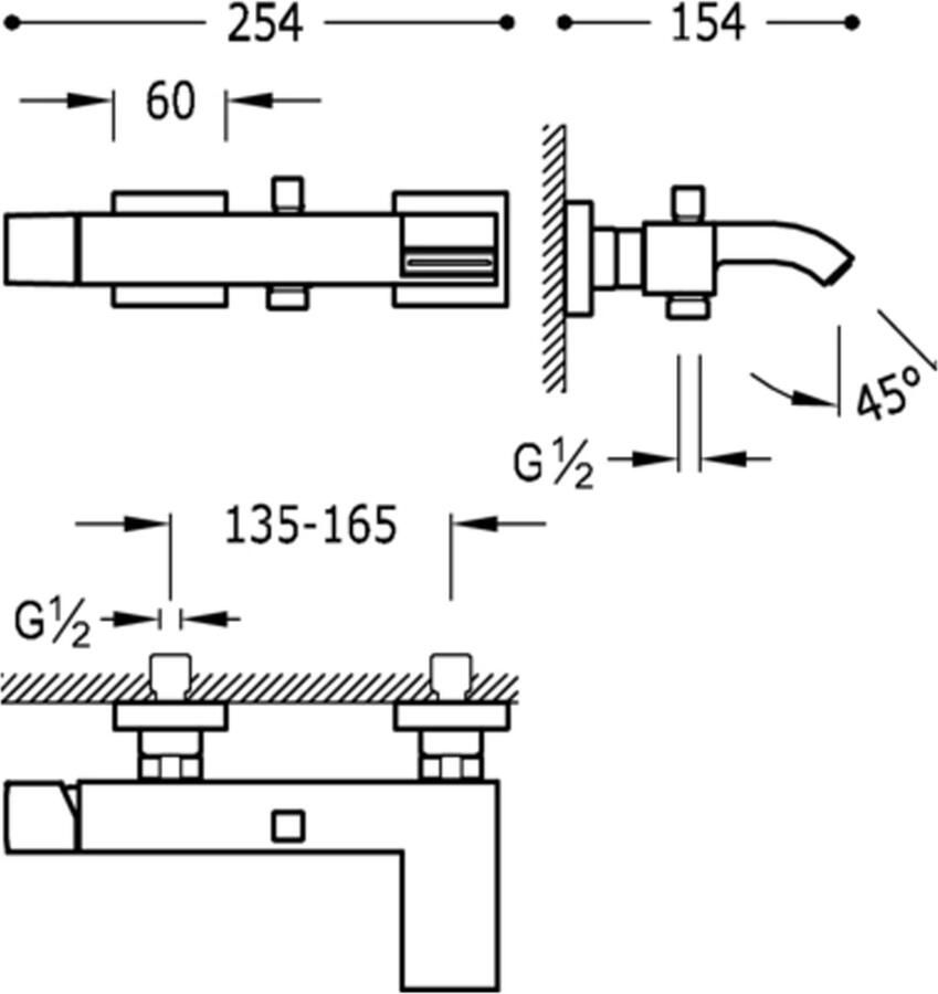 Tres Badkraan Cuadro | Opbouw | Mengkraan | Waterval uitloop | Incl.Handdoucheset | 2-weg | hoh 15 cm | 1-knop | Vierkant | RVS look