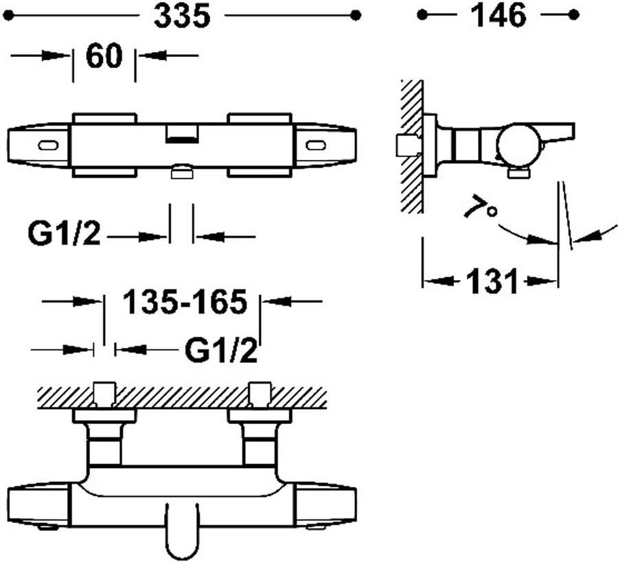 Tres Badkraan Overwall | Opbouw | Thermostaatkraan | 2-weg | 2-hendels | Vierkant | RVS look