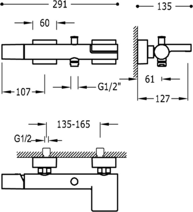 Tres Badkraan Project | Opbouw | Mengkraan | Waterval uitloop | Incl.Handdoucheset | 2-weg | hoh 15 cm | 1-knop | Rond | RVS look