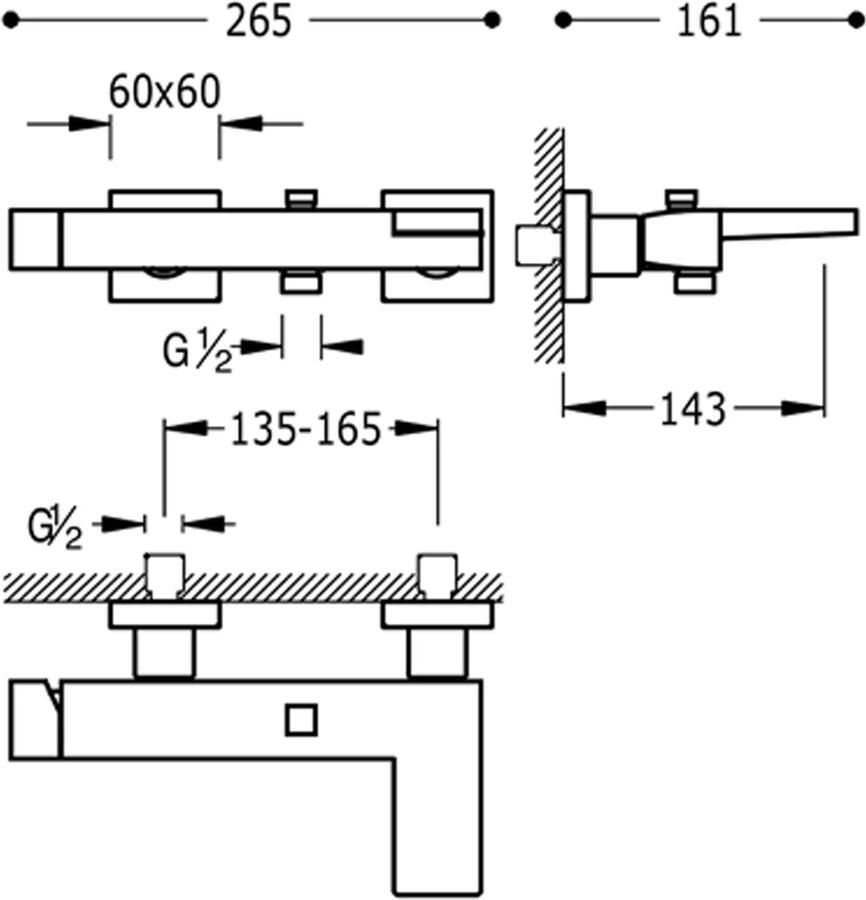 Tres Badkraan Slim | Opbouw | Mengkraan | Incl.Handdoucheset | 2-weg | hoh 15 cm | 1-knop | Vierkant | Chroom