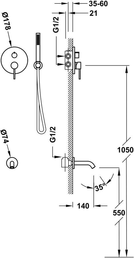 Tres Badkraan Inbouw Study Exclusive met Staafhanddouche Wanduitloop en Mengkraan Rapid Box Mat Wit
