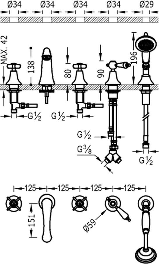 Tres Badrand kraan Clasic | Inbouw | Mengkraan | 2-weg | Vintage | 24k Goud glans