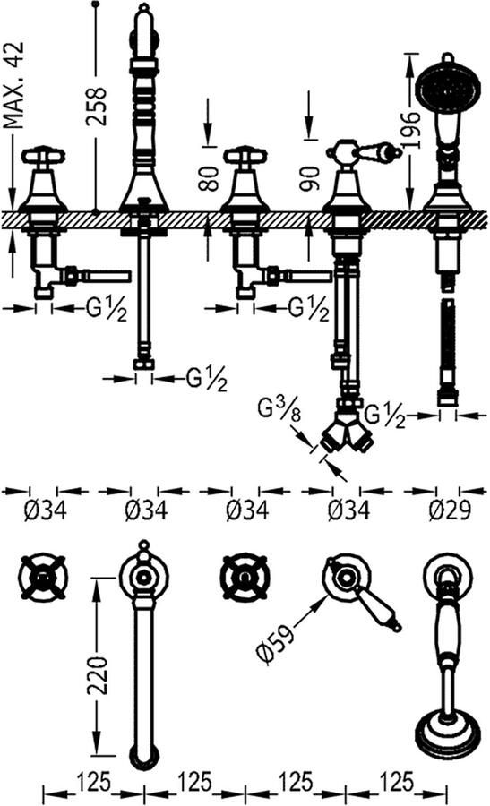 Tres Badrandkraan Clasic Mengkraan Incl. Omstelknop en Handdouche Verouderd Messing Mat