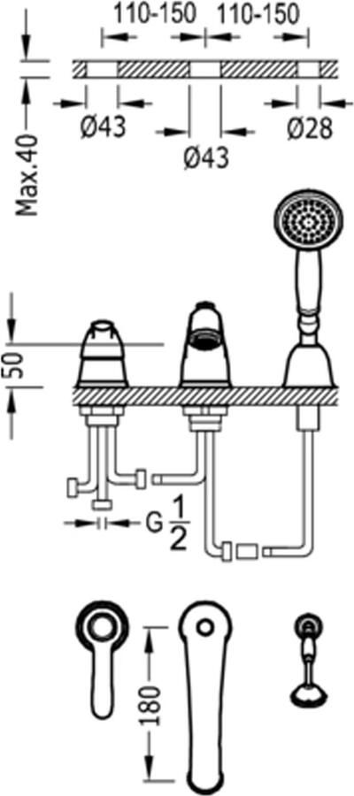 Tres Badrand kraan Clasic | Inbouw | Mengkraan | 2-weg | Vintage | Messing mat