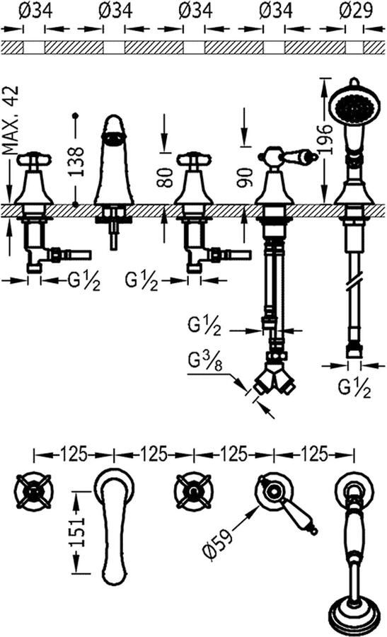 Tres Badrandkraan Clasic Mengkraan Gebogen Incl. Omstelknop en Handdouche Chroom