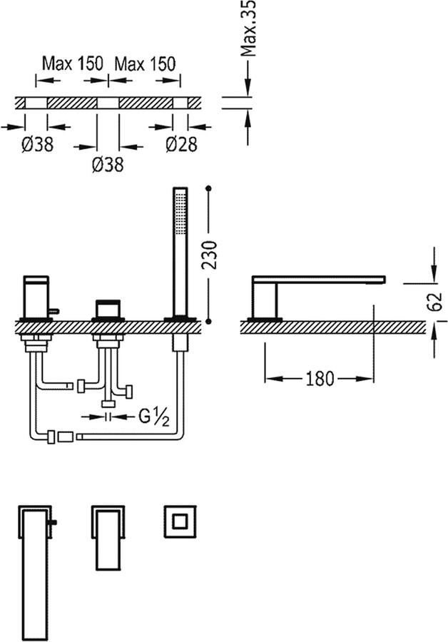 Tres Badrand kraan Cuadro | Inbouw | Mengkraan | 2-weg | Vierkant | 24k Goud mat