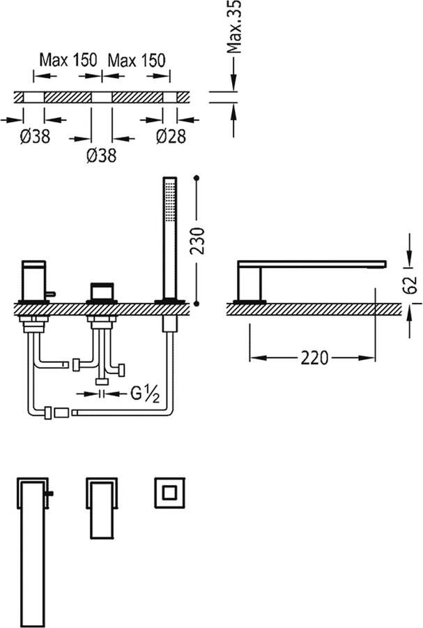 Tres Badrand kraan Cuadro | Inbouw | Mengkraan | 2-weg | Vierkant | 24k Goud mat