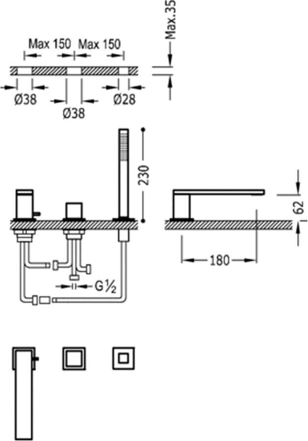 Tres Badrand kraan Cuadro | Inbouw | Mengkraan | 2-weg | Vierkant | Chroom