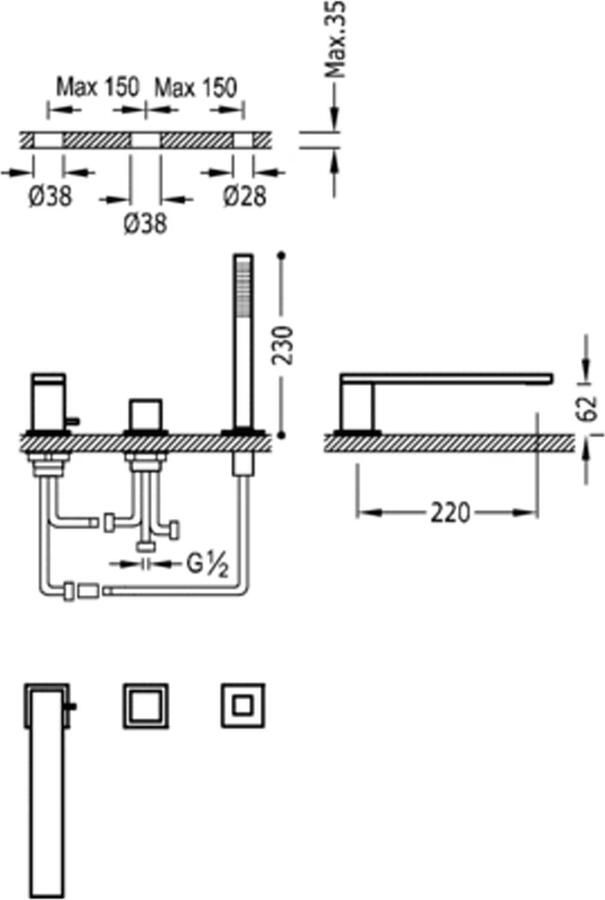 Tres Badrand kraan Cuadro | Inbouw | Mengkraan | 2-weg | Vierkant | Chroom