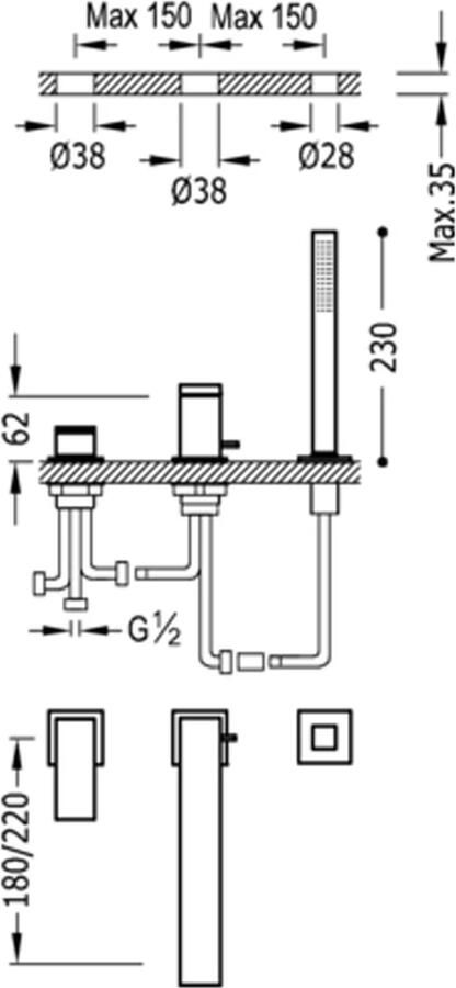 Tres Badrandkraan Cuadro Exclusive met Handdoucheset Rechte Uitloop 18 cm RVS