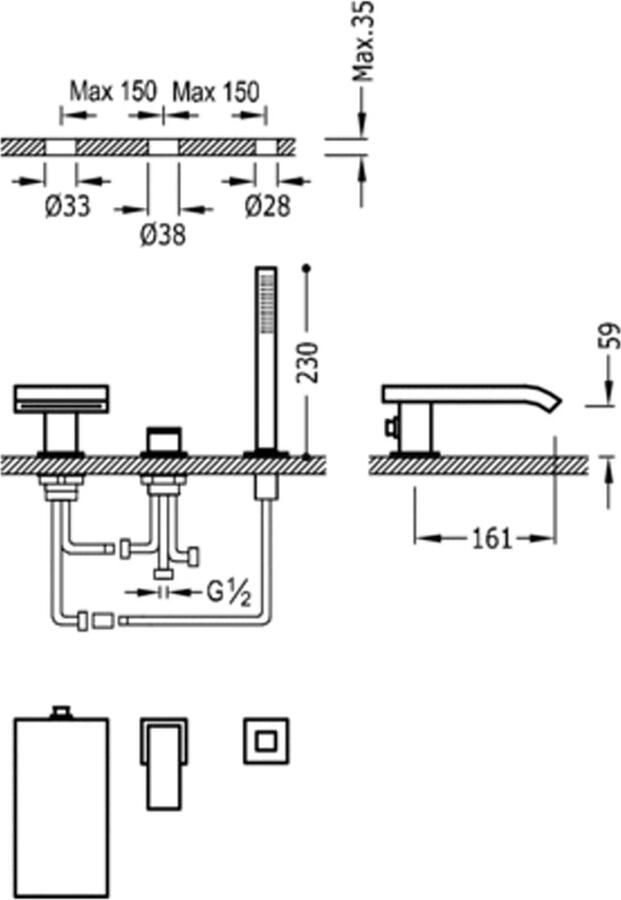 Tres Badrand kraan Cuadro | Inbouw | Mengkraan | Waterval uitloop | 2-weg | Vierkant | Chroom