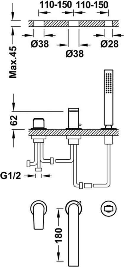 Tres Badrand kraan Project | Inbouw | Mengkraan | 2-weg | Rond | 24k Rose goud - Foto 2