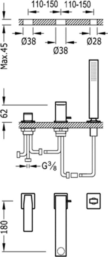 Tres Badrand kraan Slim | Inbouw | Mengkraan | 2-weg | vierkant | 24k Goud glans