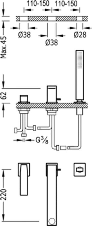 Tres Badrand kraan Slim | Inbouw | Mengkraan | 2-weg | Vierkant | Chroom - Foto 2