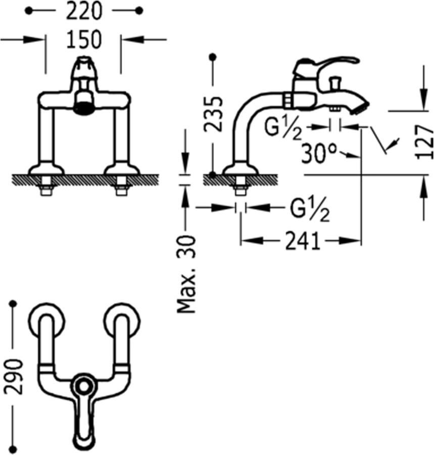 Tres Badrand kraan verhoogd Clasic | Inbouw | Mengkraan | 2-weg | Vintage | RVS look