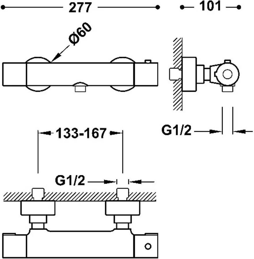 Tres Base Plus douche thermostaatkraan opbouw met handdouche mat zwart