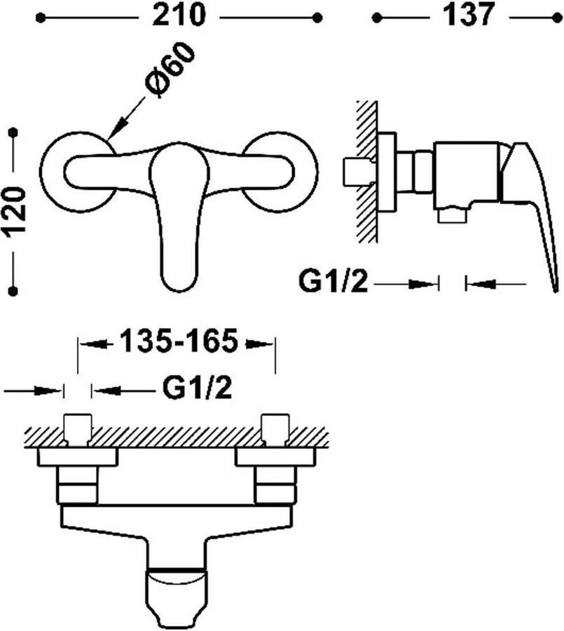 Tres Base Plus douchemengkraan opbouw met handdouche mat zwart