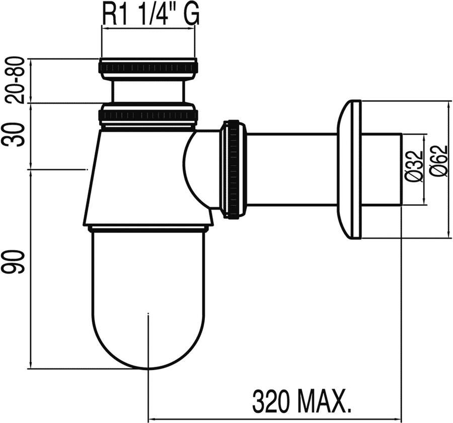 Tres Bekersifon Botella | 5 4" | Standaard | Messing | Rond | Rvs look