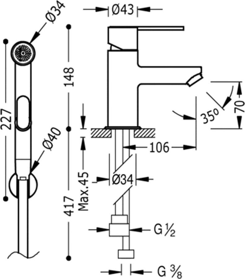 Tres Bidetkraan met handdouche Lex | Opbouw | Mengkraan | 1-hendel | Rond | Chroom